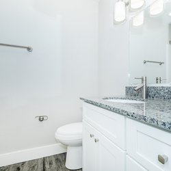 Bathroom with modern finishes at Carlson Apartments, located in Colorado Springs, CO